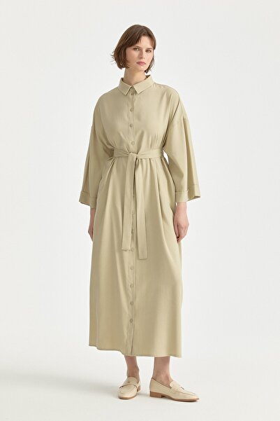 Nihan Önden Düğmeli Kuşaklı Lyocell Elbise Ada Çayı
