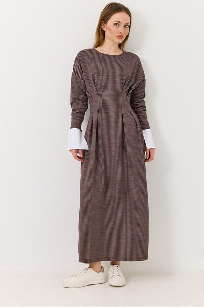 Raneel Kazançlı Alışveriş Women's long dress with pleated waist detail - brown