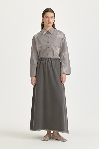 Nihan Beli Lastikli Denim Etek Füme