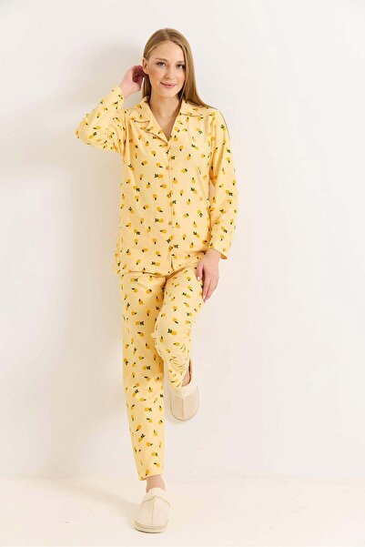 Raneel Kazançlı Alışveriş Yellow Women's Polo Neck Cotton Piece Lemon Pattern...