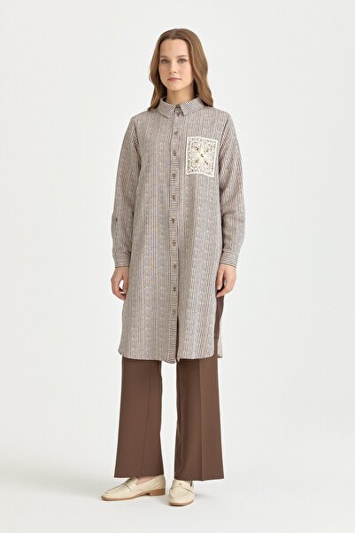 Nihan Büyük Beden Nakış ve Çizgi Kumaşlı Keten Tunik Kahve