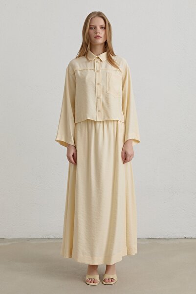 Nihan Aller Detaylı Modal Etek Gömlek Takım Tereyağ Sarısı