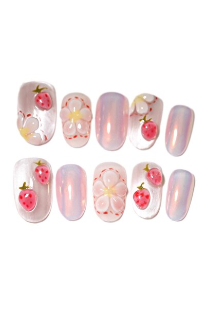 Arabest 10Pcs Short Oval Handmade Press On Nails | Iridescent Pink with 3D St...