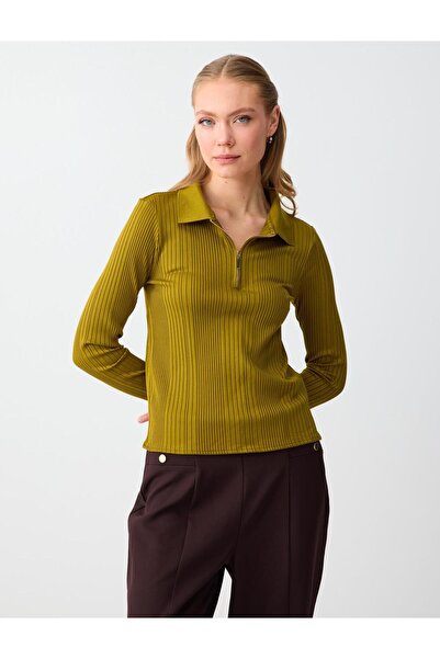 Jimmy Key Oil Green Polo Neck Striped Long Sleeve Knitted Blouse
