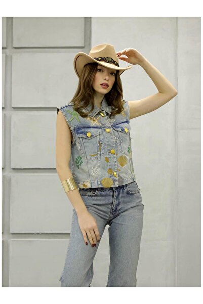 Coral Front Embroidered Jeans Vest 4578 Blue