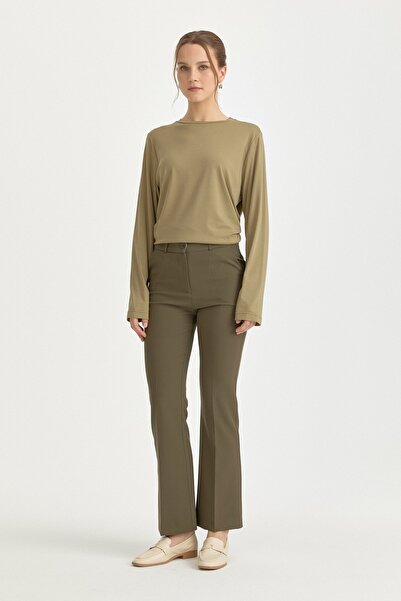 Nihan Ütü İzli İspanyol Paça Basic Pantolon Haki