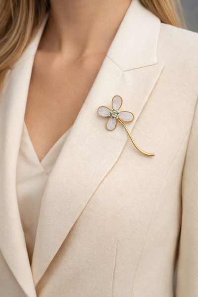 HER ŞEY NOTA www.herseynota.com Görünümlü Çiçek Figürlü Gold Metal Broş – Taş...