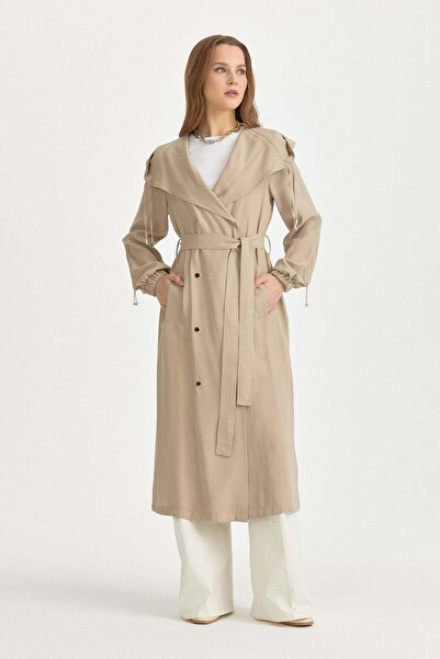 Nihan Yakası Büzgü Detaylı Kuşaklı Kruvaze Modal Kap Bej