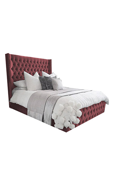 Back House إطار سرير منجد مخمل إمباير مع لوح أمامي وقاعدة مربعة - وردي داكن