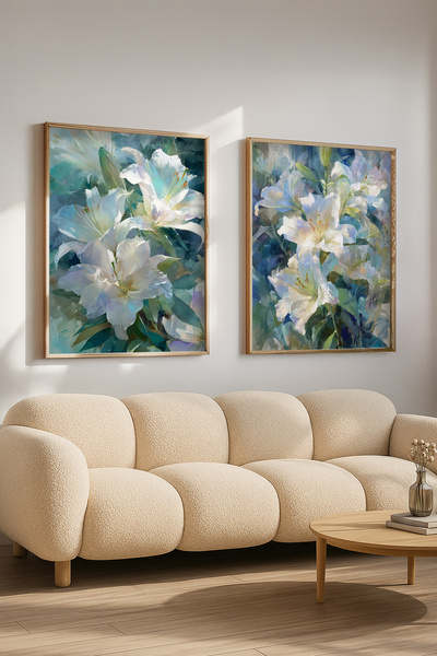 STARYUNA Set de pictură cu două piese, cu flori de crin alb și ramă din lemn ...