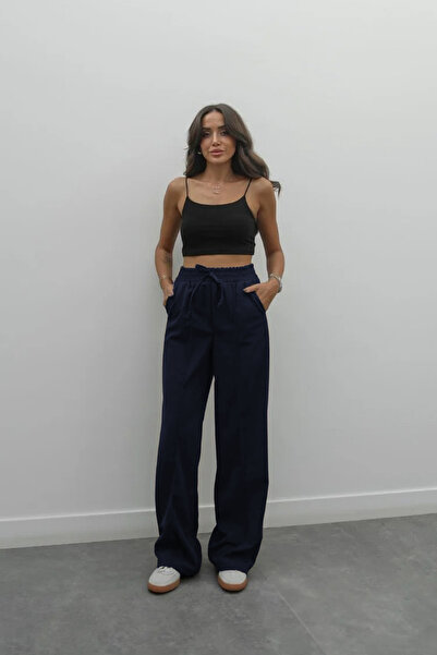 YAKAMEL Women's High Waist Lace-Up Stitched Dok Textured E Crepe Maş Palazzo ...