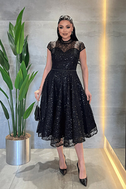 giyimmasalı Dantel Payet Kumaş Midi Elbise - SİYAH