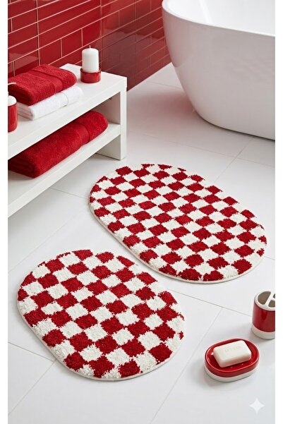 EUROBANO Chess Dama Patterned 2-Pack Oval Bohemian Bath Mat Latex Non-Slip Ma...