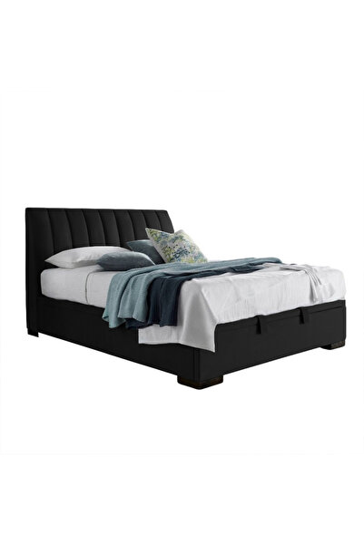 Back House إطار سرير منجد مخمل مع لوح أمامي وقاعدة مربعة - أسود