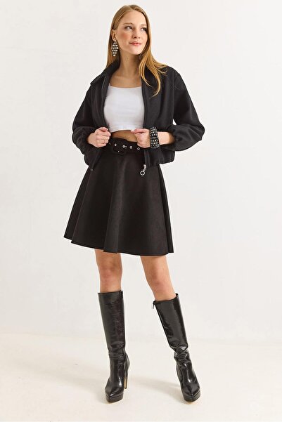 Raneel Kazançlı Alışveriş Women's Black Color Midi Length Belted Suede Flared...