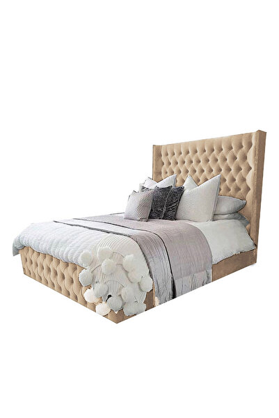 Back House سرير مخمل مُنجّد بالمخمل مع لوح أمامي وقاعدة مربعة - بيج
