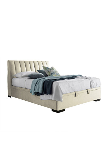 Back House إطار سرير منجد مخمل مع لوح أمامي وقاعدة مربعة - عاجي