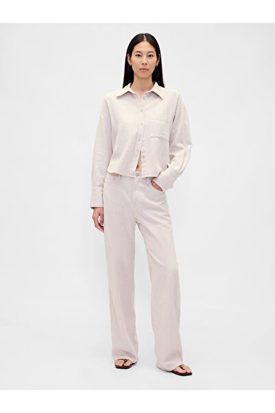 GAP Kadın Kırık Beyaz Keten-Pamuk Karışımı Wide-Leg Pantolon