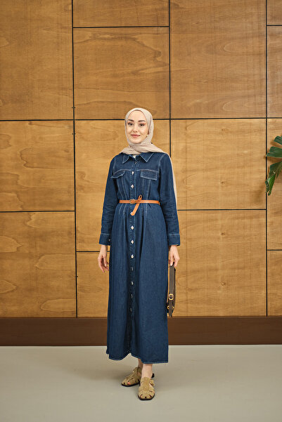 LOCCO Women's Double Buttoned Denim Dress Navy Blue