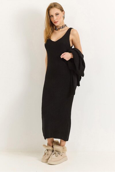 Raneel Kazançlı Alışveriş Kadın Triko Hırkalı Askılı Elbise Siyah