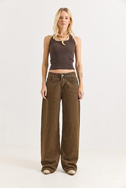 Raneel Kazançlı Alışveriş Women's Loose Raw Hem Stylish Denim Trousers Brown