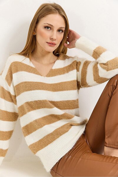 Raneel Kazançlı Alışveriş Women's bearded soft loose Striped sweater mink beige