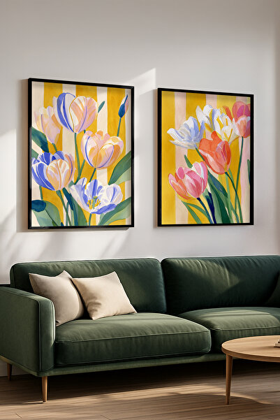 STARYUNA Black Wooden Framed Colorful Tulip Patterned Double Painting Set Yun...