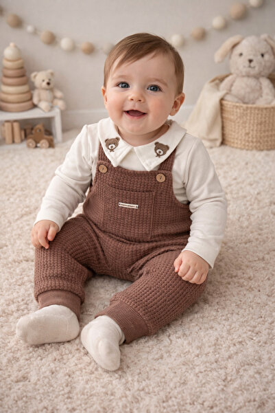 AKİ MODA KİDS Teddy Collar Baby Boy • Brown Waffle Textured 2-Piece Spring Ba...