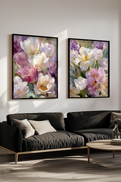 STARYUNA Black Wooden Framed Pastel Flowers Double Painting Set Yuna593