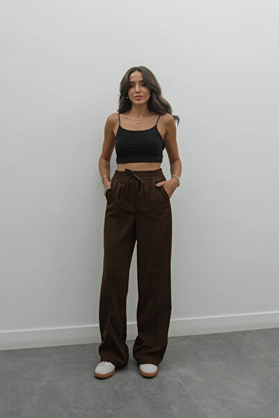 YAKAMEL PANTALONI PALAZZO DE DAMĂ CU talie înaltă ȘIRETURI, CUSUȚI, MODEL tex...