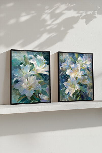 STARYUNA Black Wooden Framed White Lily Flower Double Painting Set Yuna592