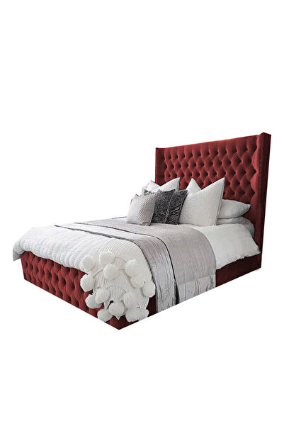 Back House سرير مخمل مُنجّد بالمخمل مع لوح أمامي وقاعدة مربعة - بورغندي
