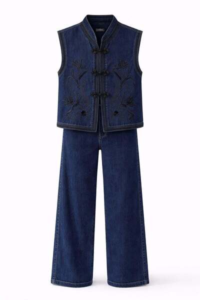 HAZELANNA Etnik Nakışlı Yıkamalı Lacivert Denim Yelek-Pantolon Takım