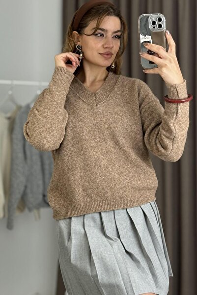 Raneel Kazançlı Alışveriş Women's V-Neck Fine Knit Stylish Sweater Mink