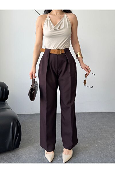 MYGİYİMİSTANBUL talie înaltă pantaloni din material textil plisat și detaliu ...