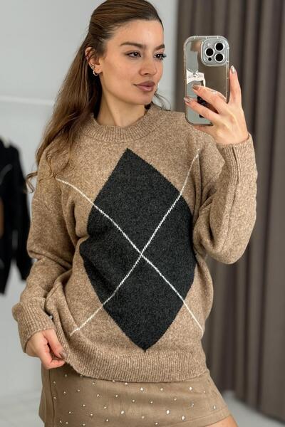 Raneel Kazançlı Alışveriş Women's Diamond Pattern Crew Neck Knitwear Sweater ...