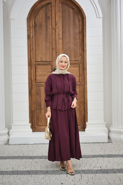 LOCCO طقم تنورة نسائي بتفاصيل حجرية أمامية وأزرار مخفية عند الخصر بأربطة بالل...