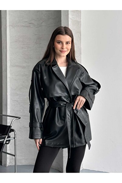 VESS MODA Medium Length Leather Trench Coat with Shoulder and Sleeve Epaulettes