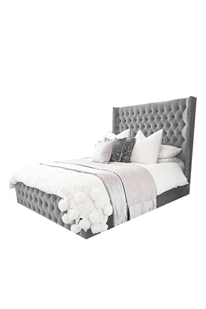 Back House إطار سرير مخمل منجد بالمخمل مع لوح أمامي وقاعدة مربعة - رمادي