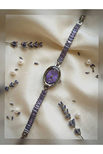 GAMBU Gümüş Renk Mor Kadranlı Baget Taşlı Kordon Kadın Kol Saati