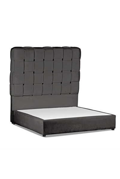 Back House إطار سرير منجد مخمل لافندر مع لوح أمامي وقاعدة مربعة - رمادي داكن