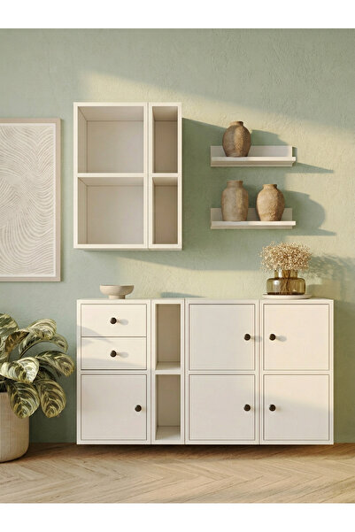 FOR WOMAN DESİGN Ahşap Modern Çok Amaçlı Duvar Ünitesi 3 Kapaklı 2 Çekmeceli ...