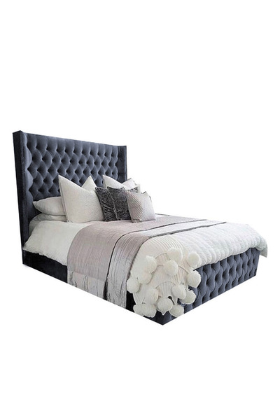 Back House إطار سرير منجد مخمل إمباير مع لوح أمامي وقاعدة مربعة - رمادي داكن
