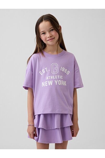GAP Kız Çocuk Lila Oversized Crop Logo T-Shirt