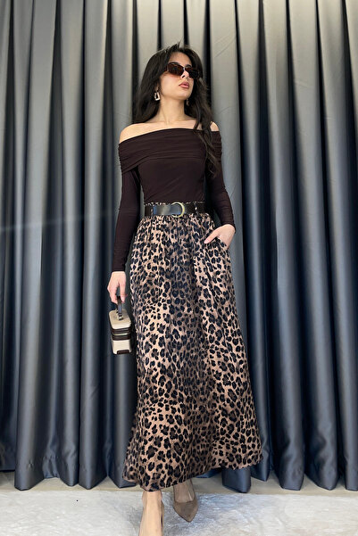 Estelle Leopard Printed Belt Pcs Satin Long Skirt-Leopard Leopard