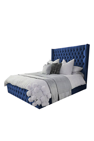 Back House إطار سرير مخمل منجد بالمخمل مع لوح أمامي وقاعدة مربعة - أزرق داكن