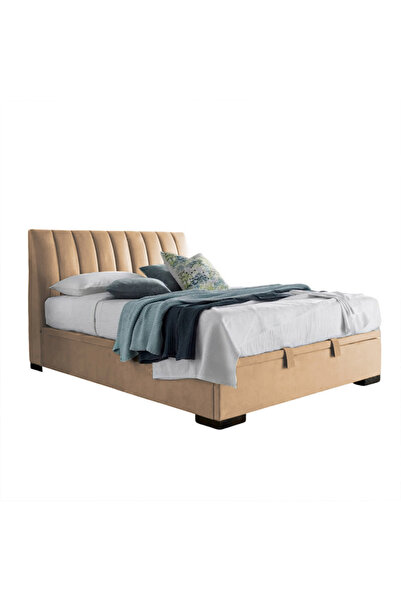 Back House إطار سرير منجد مخمل مع لوح أمامي وقاعدة مربعة - بيج