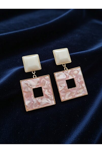 ahsenaksesuar2025 Pink Square Gold Color Framed Dangle Steel Square Earrings
