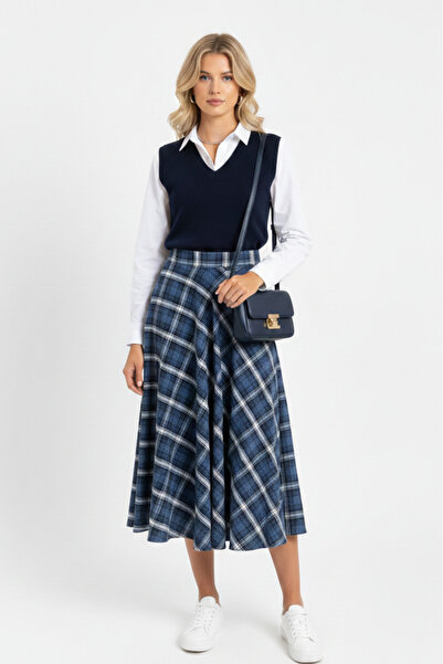 Raneel Kazançlı Alışveriş Women's Plaid piece beige Pocketed A-Line Skirt