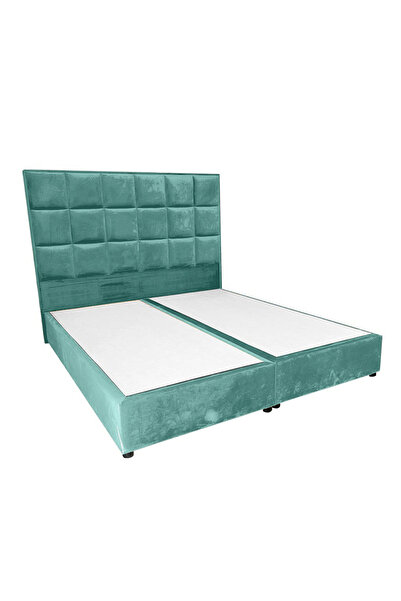 Back House إطار سرير منجد مخمل مكعب مع لوح أمامي وقاعدة مربعة - فيروزي